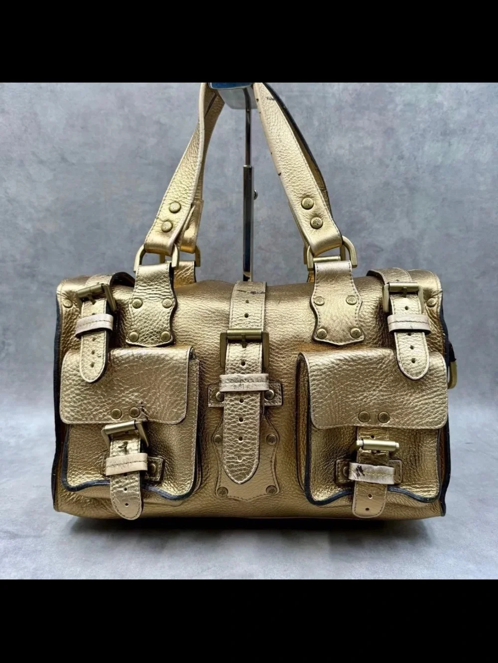 Mulberry Metallic Gold Leather Satchel with Buckle Pockets